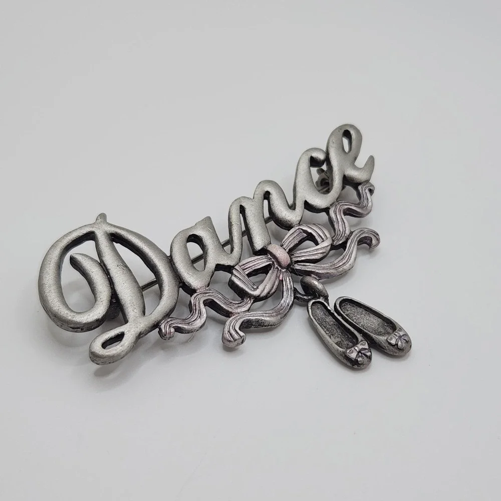 Vintage Dance Brooch JJ Jonette Pewter Pin Dangle Ballet Slippers Shoes Bow